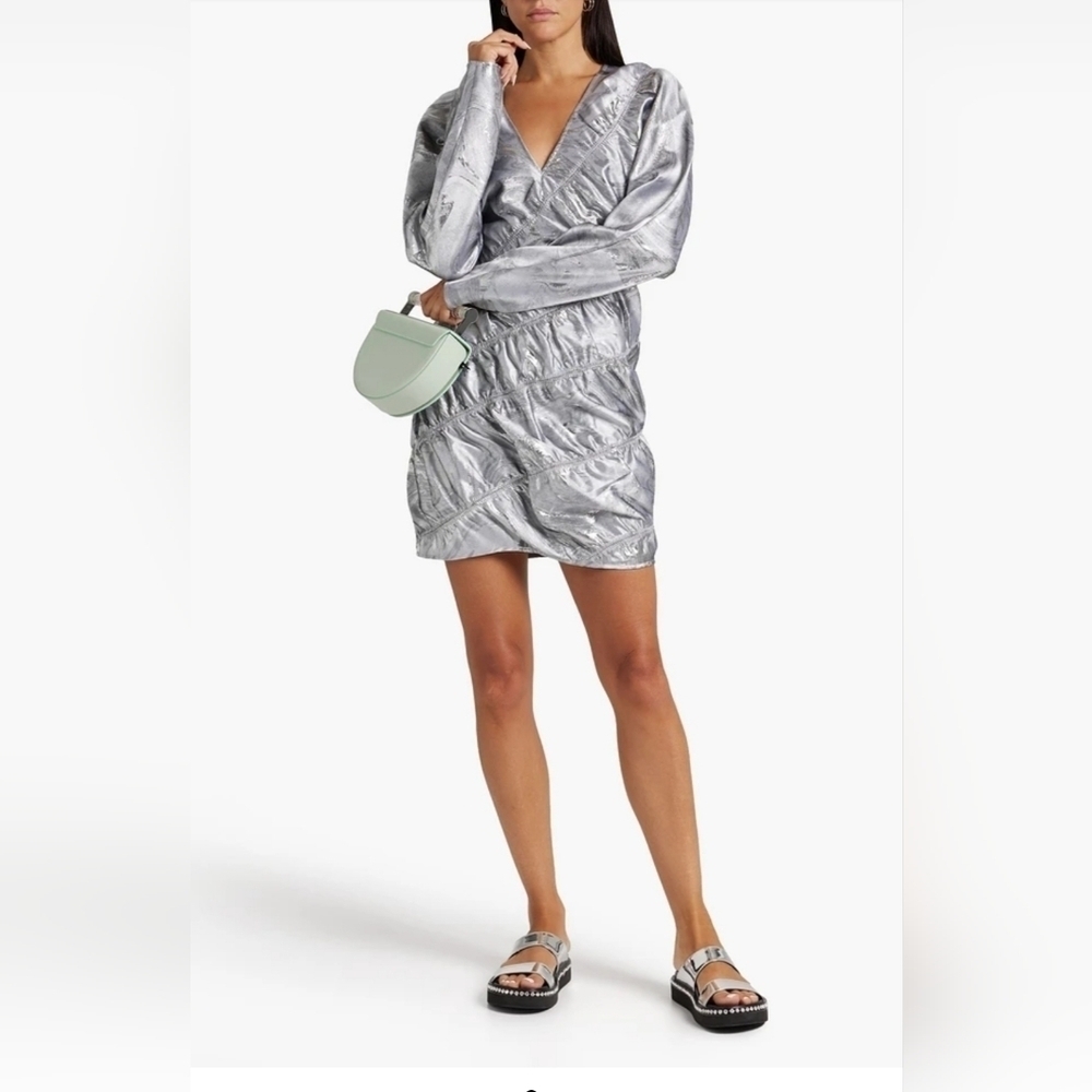 Ganni Asymmetric shirred metallic jacquard mini dress